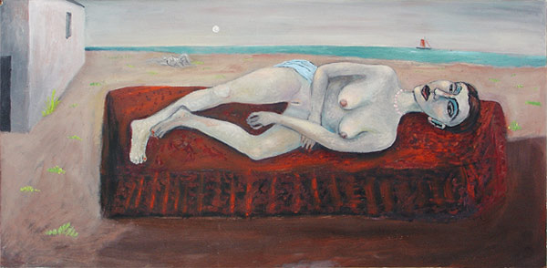 „Liegender Akt auf rotem Diwan” | 2003Öl auf Holz, 50 x 110 cm